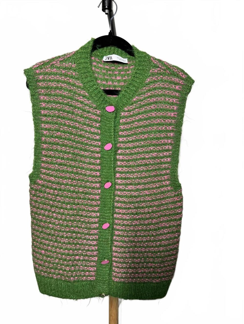 Zara Green and Pink Striped Fuzzy Knit Button Front Vest